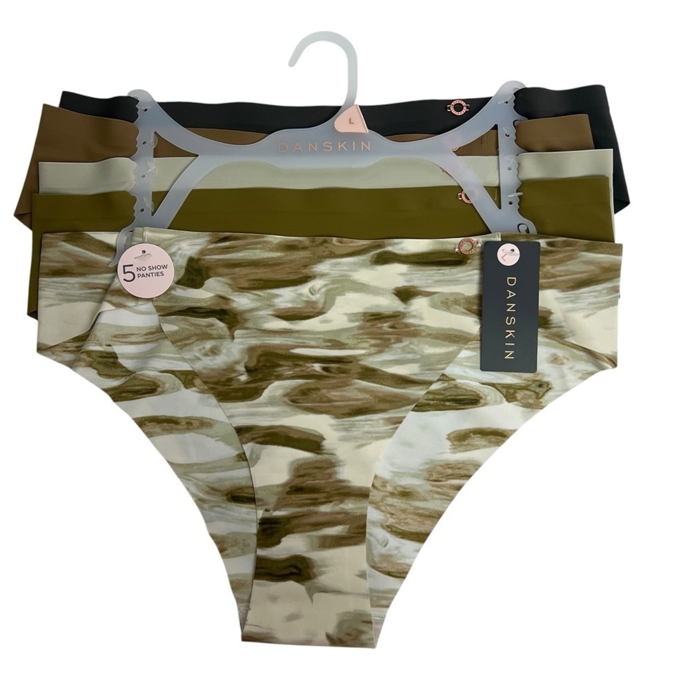 DANSKIN Women’s No Show Panties Sz Large Pkg/5 Bikinis Tagless Multi Colors Flaw